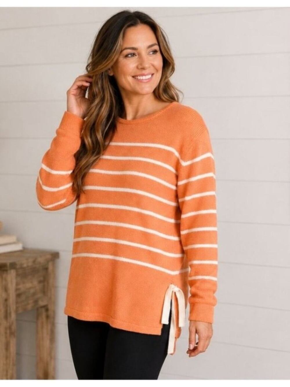 J. Jill Orange White Striped Side Tie Knit Sweater Size Large